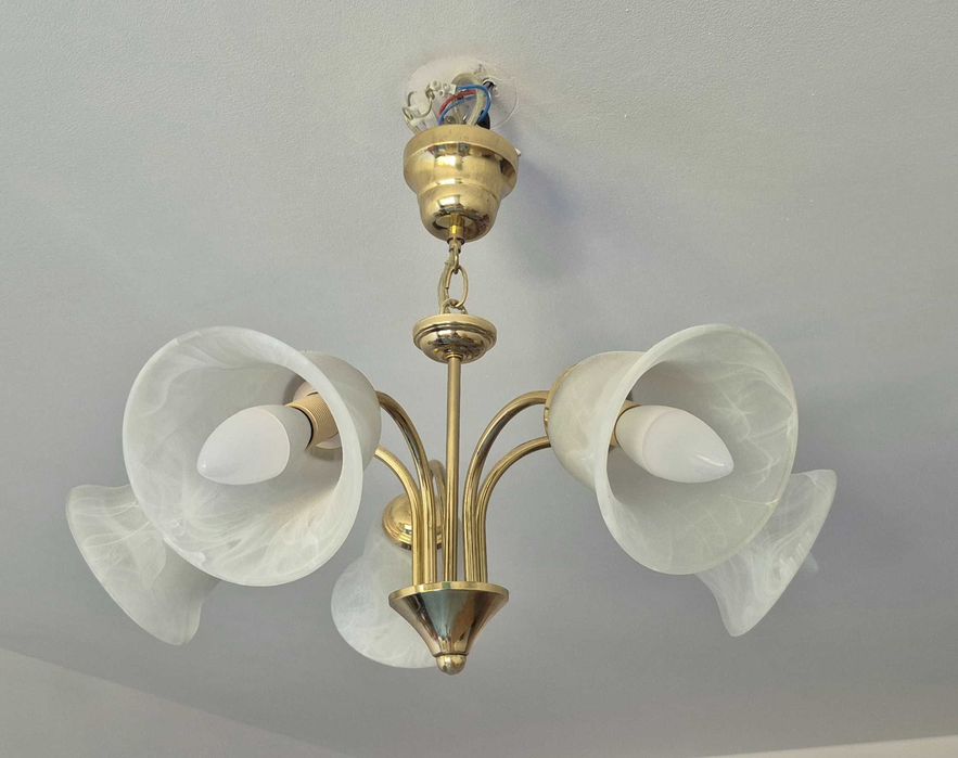 Lustră / Candelabru Clasic cu 5 Brațe (Metal Auriu și Sticlă Mată)