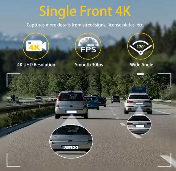 4K Видеорегистратор (Dash Cam) с Wi-Fi | Нощно виждане, Паркинг режим