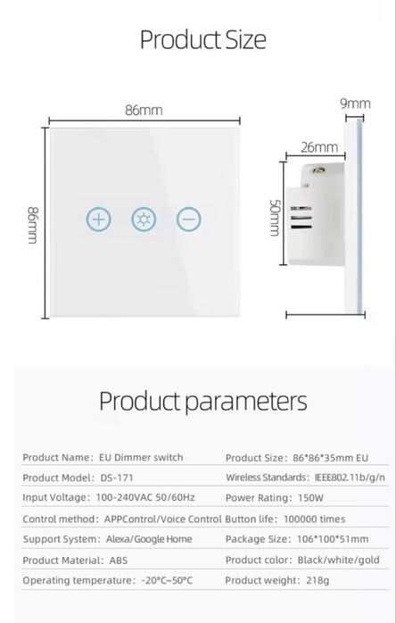 Intrerupator simplu cu touch si dimmer Tuya 1X300W sticla, aplicatie de mobil Tuya Smart Alexa si Google Assistant alb