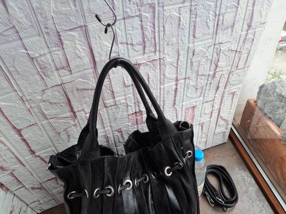 дамска чанта,черна голяма кожена торба-естествена кожа и велур