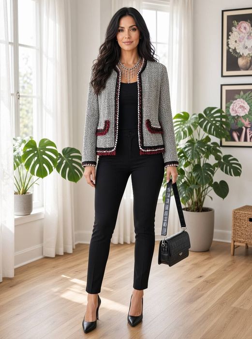 Sacou ZARA - Tweed, XS Alb/Negru cu franjuri roșii