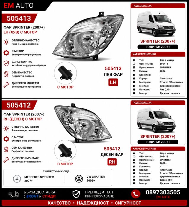 Фарове за Mercedes Sprinter 2007+ с мотор – ляв и десен | Mercedes Sprinter / Мерцедес Спринтер
