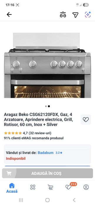 Aragaz Beko CSG62120FDX, Gaz, 4 Arzatoare