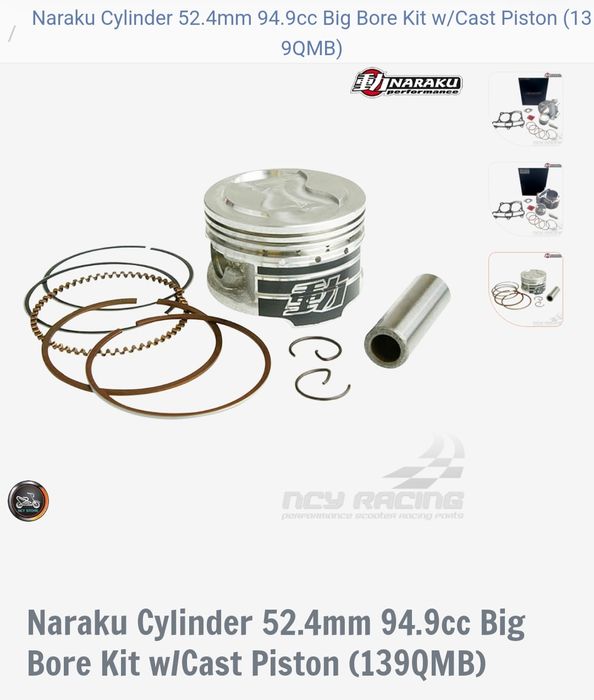 Naraku Cylinder 52.4mm 94.9cc Big Bore Kit w/Cast Piston (139QMB)