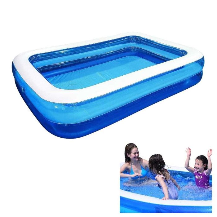 Piscina Gonflabila, Culoare Alb/Albastru, Dreptunghiulara, Doua inele gonflabile, Dimensiuni 200 x 120 x 40 cm, Vinil rezistent, Gradina si Exterior,