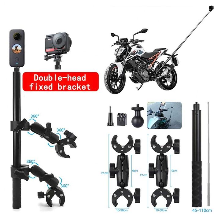 Kit prindere motocicleta selfie stick 2x clema dubla Insta360 X3 X4 X5