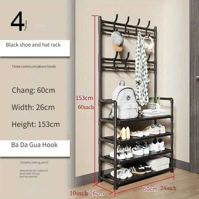 Стеллажи 4 яруса + вешалки для сумок, шапок и т.д.