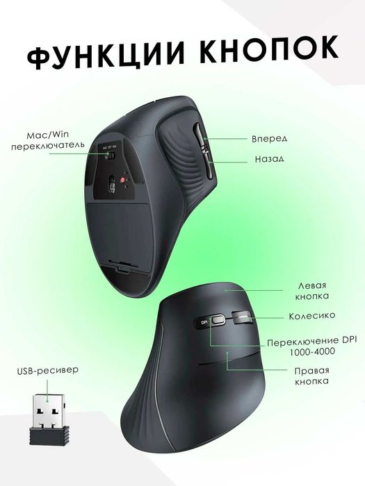 Мышь беспроводная бесшумная вертикальная UGREEN MU008