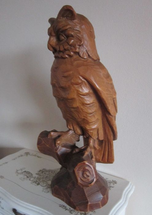 cadou rar Black Forest Owl 1950 Bufnita sculptura lemn Germania 1950