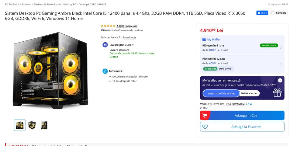 Pc Gaming Ambra Black Intel_AM FACTURĂ_Core I5 12400 pana la 4.4Ghz, 32GB RAM DDR4, 1TB SSD, Placa Video RTX 3050 6GB, GDDR6, Wi-Fi 6, Windows 11 Home
