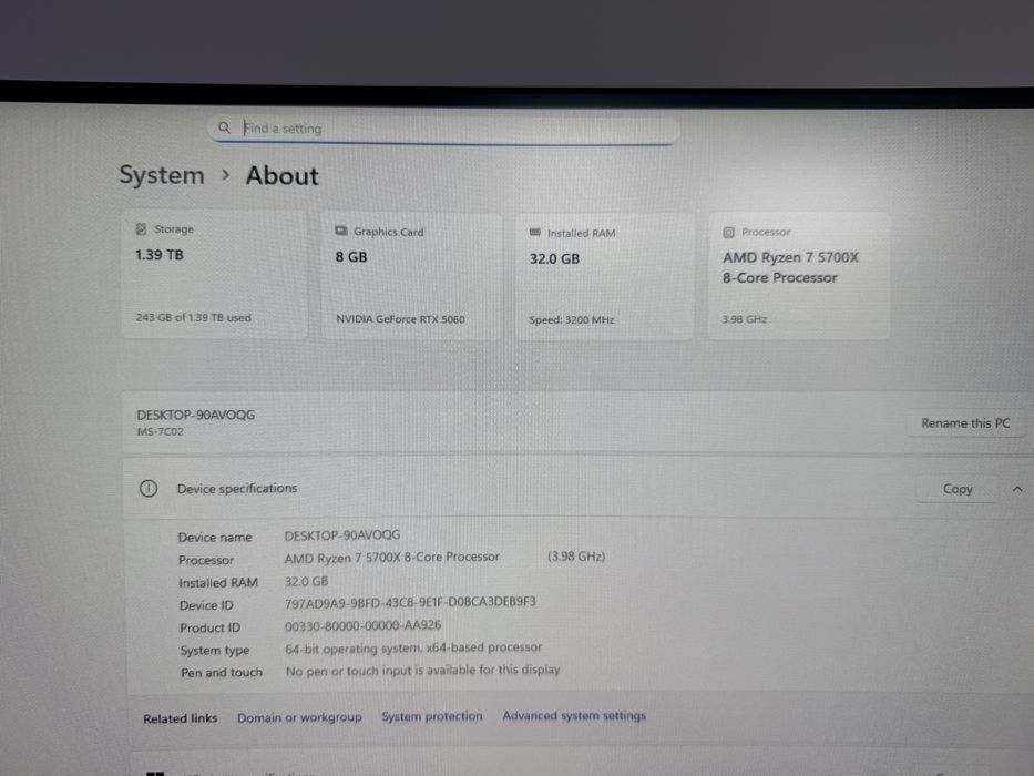 Vand PC Gaming cu AMD Ryzen7 5700x, 32GB DDR4, 1TB SSD, RTX 5060 8GB