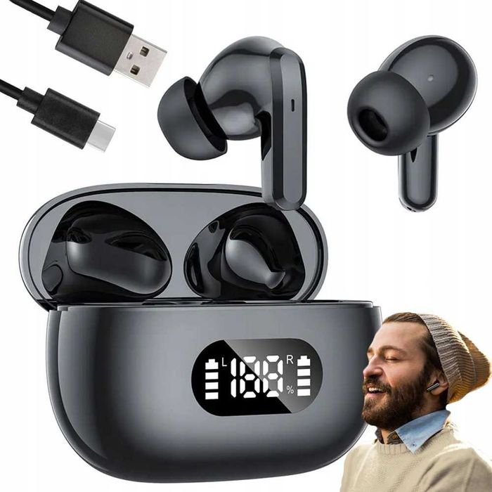 Casti wireless Bluetooth cu microfon carcasa de incarcare LED touch