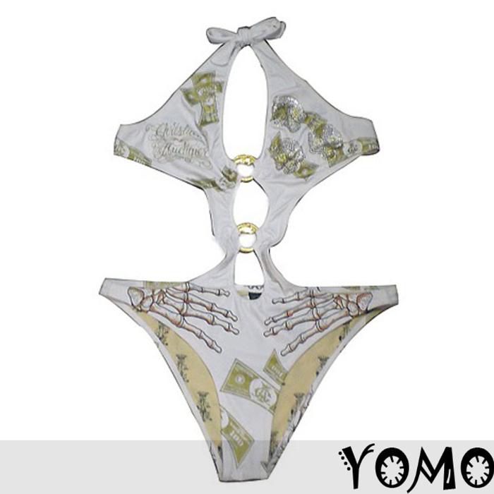 Costum de baie intreg monokini alb/mov cu imprimeu model geometric