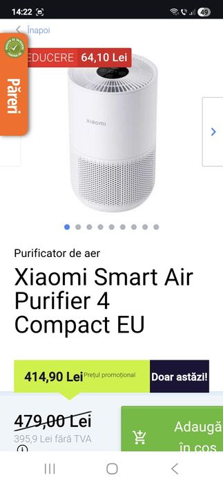 Xiaomi Smart Air Purifier 4 Compact
reducere64,10 Lei
Purificator de a
