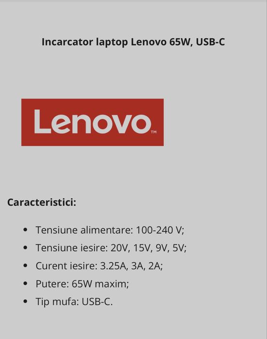 Adaptor / Incarcator LENOVO 65W USB-C - Original Nou Sigilat