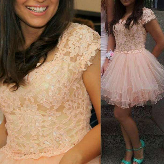 Rochie, roz pal, tulle, dantelă