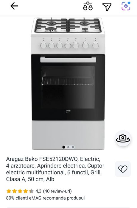 Aragaz Beko FSE52120DWO, Electric, 4 arzatoare, Aprindere electrica, Cuptor electric multifunctional, 6 functii, Grill, Clasa A, 50 cm, Alb