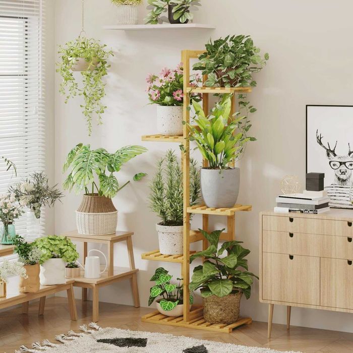 Цветарник от бамбук, пет нива, натурален цвят/дървесен, разглобяем