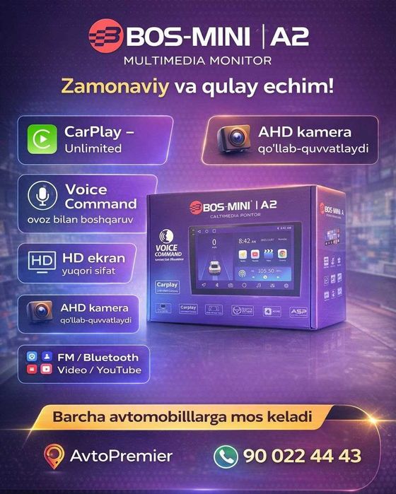 Android Manitor A2  Avtomagnitola CarPlay, Ovozliy boshqaruv HD Ekran