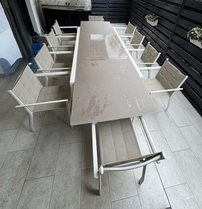 Set MOBEXPERT masă  cu blat de sticlă, extensibilă 6 - 10 persoane,  cadru metalic plus 10 scaune terasă