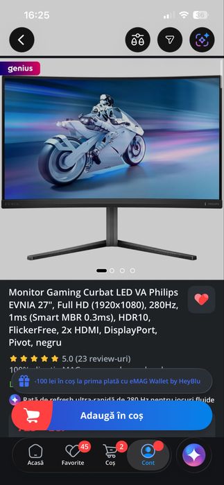 Monitor Philips 280 hz curved 1080p 27 inch