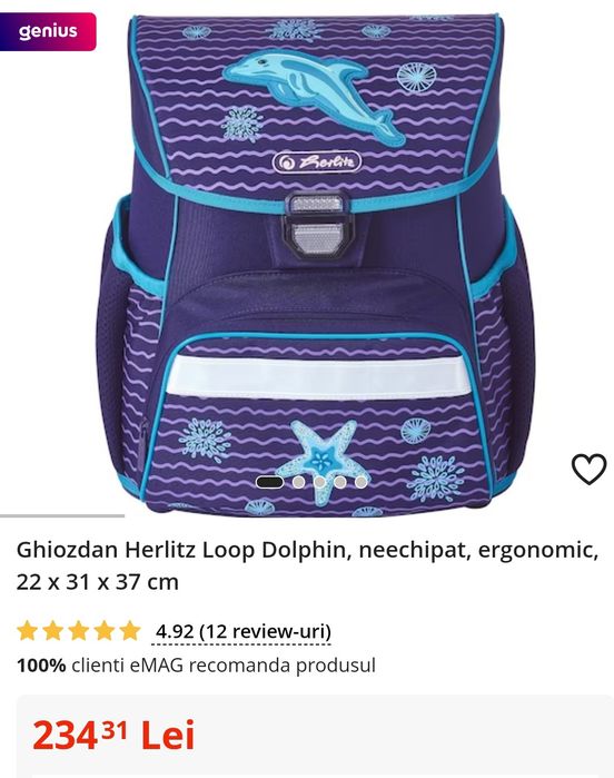 Ghiozdan Herlitz Loop Dolphin, neechipat, ergonomic, 22 x 31 x 37 cm