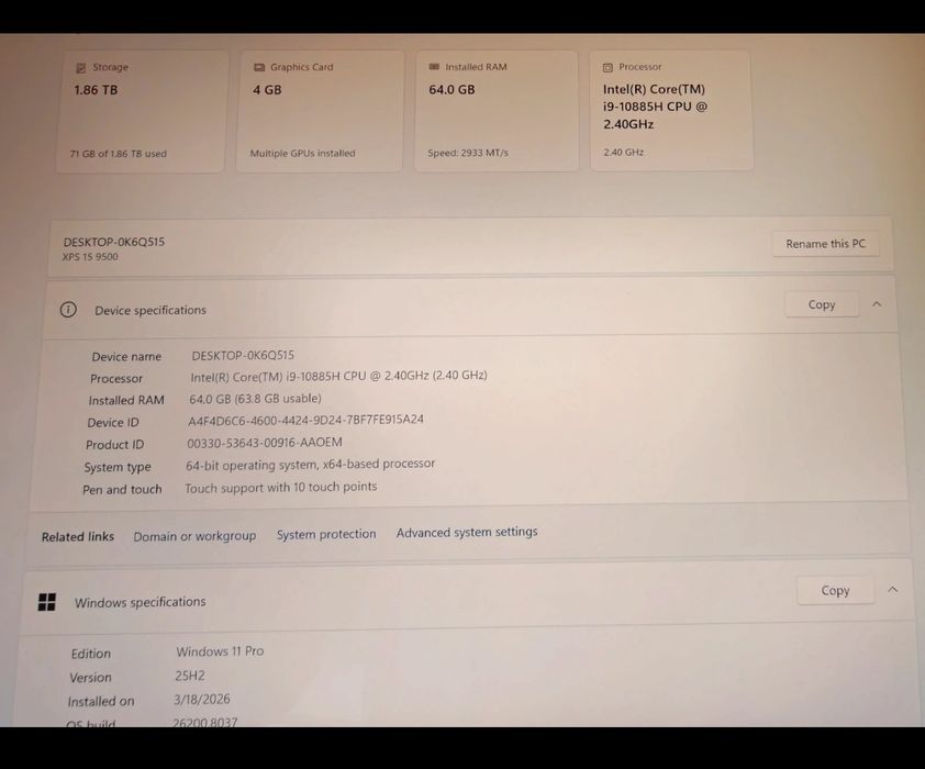 Laptop Dell XPS 15 9500 i9 64GB RAM