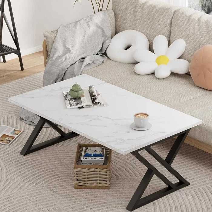 Masa de cafea noua, alba efect marmura, cadru metalic negru, 100x48 cm