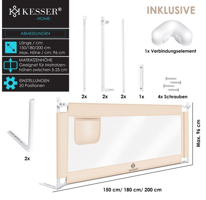 Защитна ограда за детско легло, размери 180 см x 44 см x 72-96 см