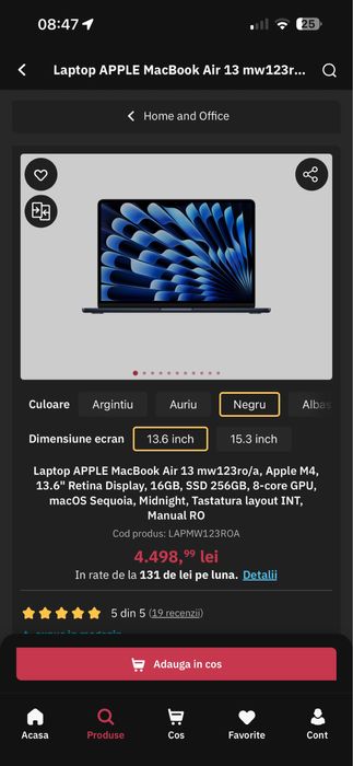 Laptop APPLE MacBook Air 13 Apple M4 13.6" Retina Display, 16GB, SSD 256GB, 8-core GPU, macOS Sequoia / NOU