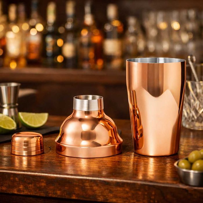 Shaker cocktail din inox placat cu cupru, finisaj rose-gold, elegant
