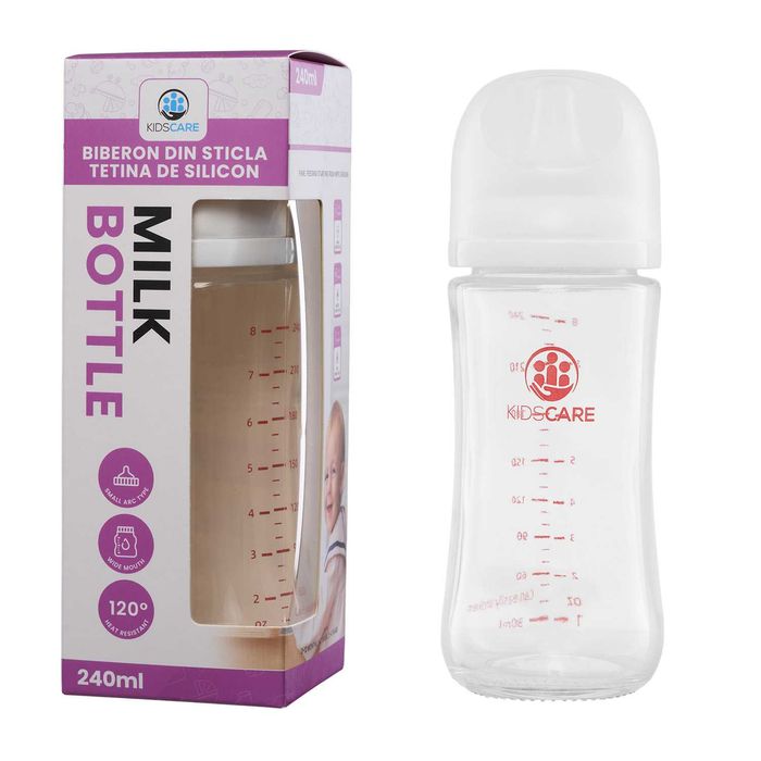 Biberon din sticla borosilicat 240 ml KidsCare cu tetina din silicon