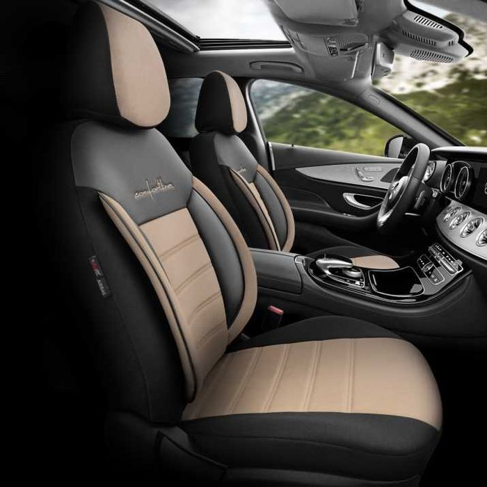Луксозна Тапицерия OTOM текстил с еко кожа COMFORT LINE Design – Бежово-Черна с бежов шев