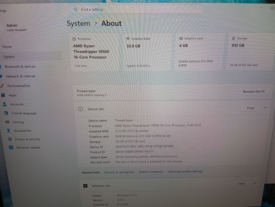 Threadripper 1950x 32Gb DDR4 1tb Nvme
