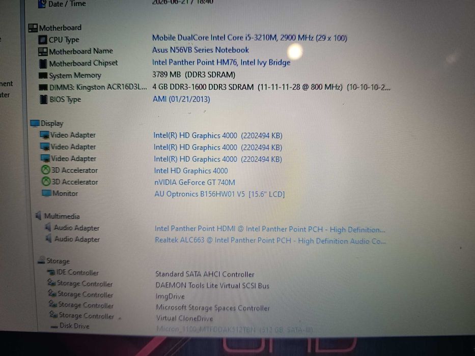 Placa baza laptop light gaming, Asus N56V + cpu core i5 3210m + 4gb ram + display full hd + tastatura iluminata