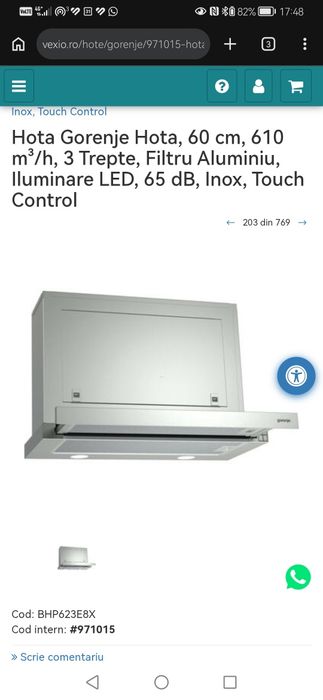 Hota Gorenje Hota, 60 cm, 610 m³/h, 3 Trepte, Filtru Aluminiu, Iluminare LED, 65 dB, Inox, Touch Control