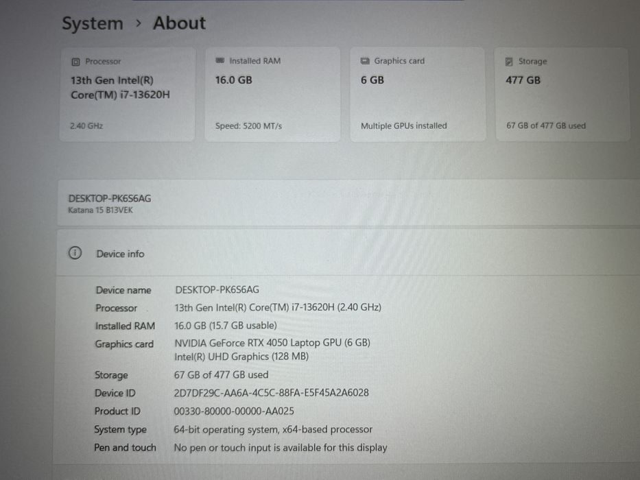 Laptop Gaming MSI Katana 15 B13V, i7-13620H, RTX 4050, 16GB RAM, 512GB SSD