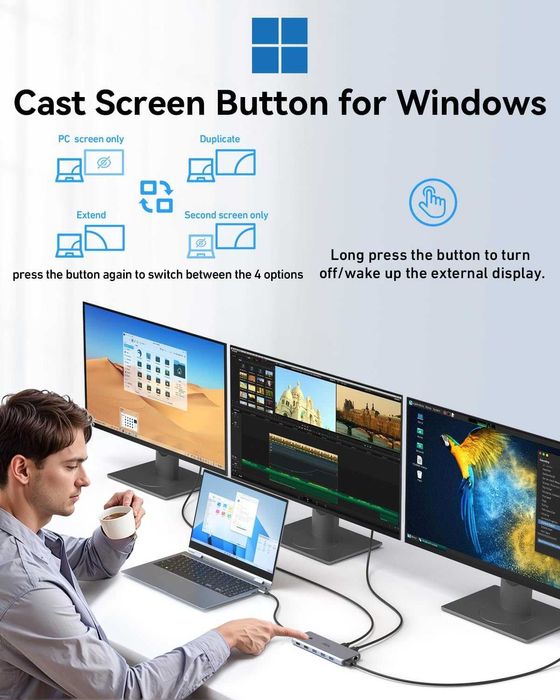 USB C Докинг станция Мултимонитор Лаптоп 2 HDMI DP/USB C  13 в 1
