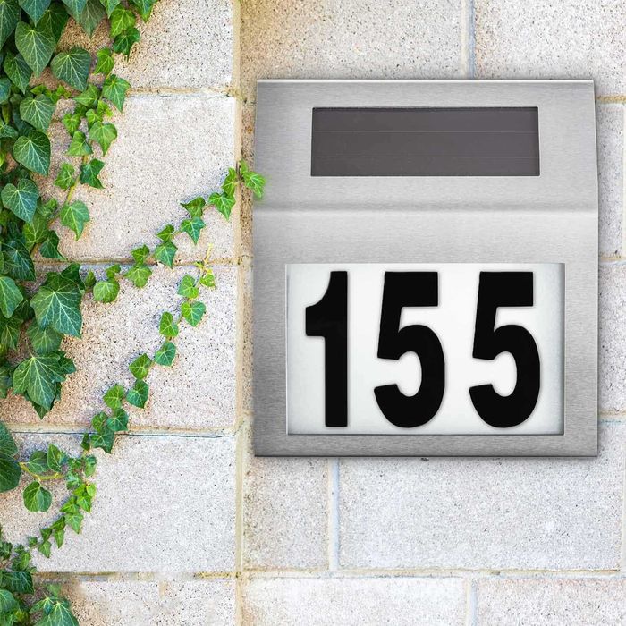 Panou numar de casa cu iluminare solara LED din inox argintiu 18x20 cm