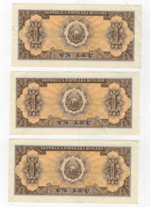 Lot bancnote Romania - 1 leu 1952 - 3 bancnote serii consecutive