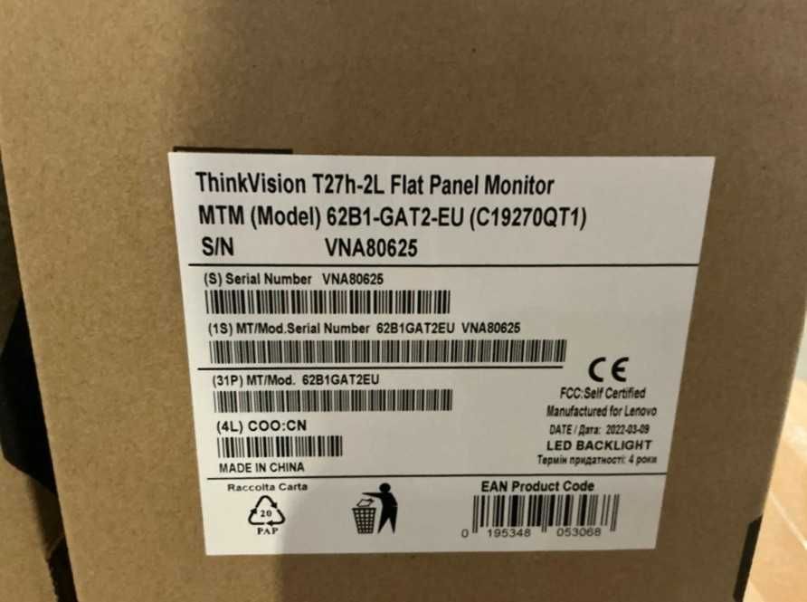Lenovo ThinkVision T27h-2L Monitor PC 27" QHD WLED