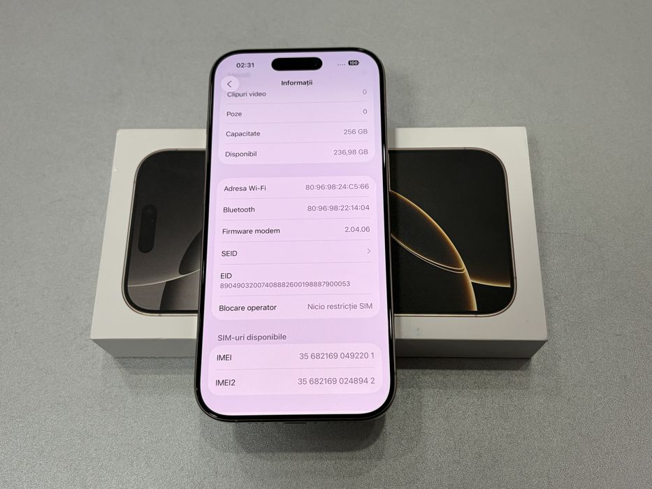 Iphone 16 Pro, 256 gb, Natural Titanium, la cutie