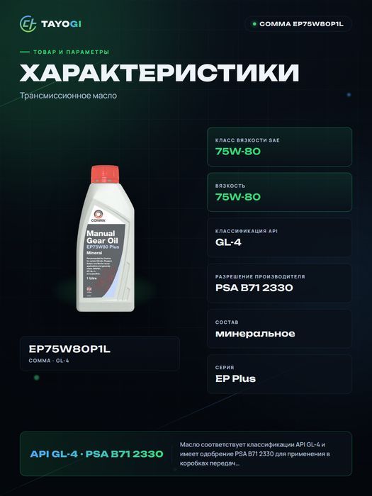 Трансмиссионное масло COMMA EP75W80 Plus, 1 л