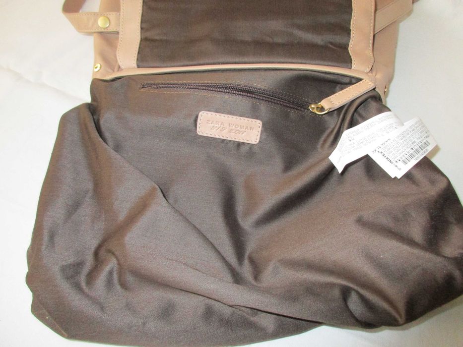 ZARA естествена кожа дамска чанта в цвят пудра