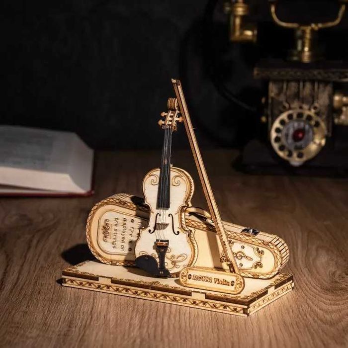Puzzle 3D Vioara, ROKR, lemn, 62 piese, instrument muzical decorativ, 8+