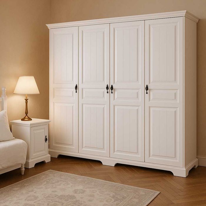Dulap lemn masiv Cleopatra cu oglinzi, alb, 4 usi, 230,2x198x58 cm
