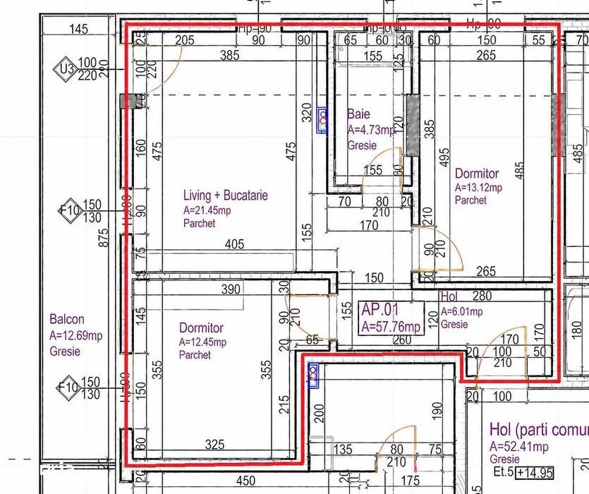 Apartament 3 camere,58 mp,balcon 12,7 mp, Calea Baciului