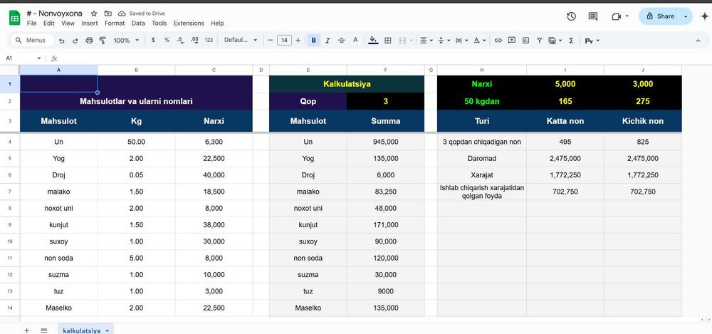 Excel  /  Google Sheets  ( Avtomatlashgan Tizimli Jadval)