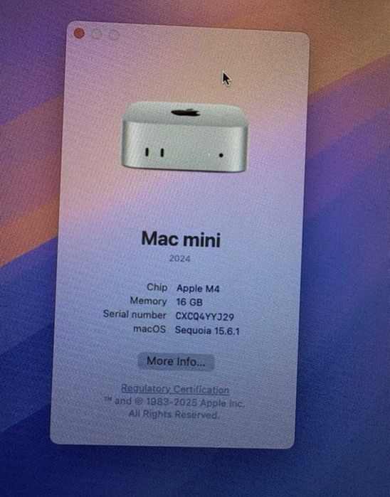 2025 Apple Mac Mini M4, 16 GB 256 SSD