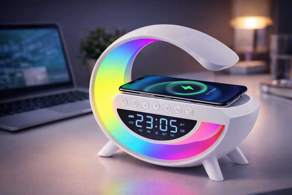 Lampă de birou LED RGB cu ceas digital, încărcare wireless